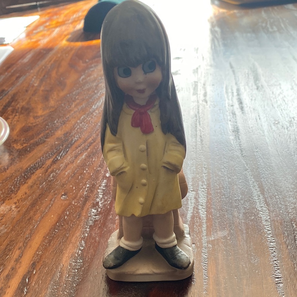Vintage Norleans Big Eye Girl Figurine with Yellow Coat and Red Scarf
